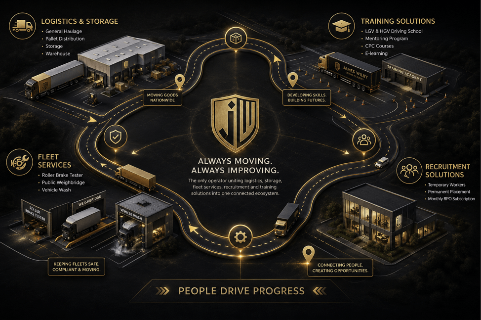 Roadmap visual connecting James Wilby logistics, training, fleet services, and recruitment solutions
